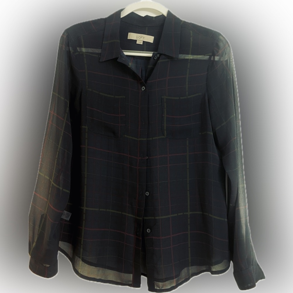 LOFT Navy with Red and Gold/Green Sheer Plaid Blouse